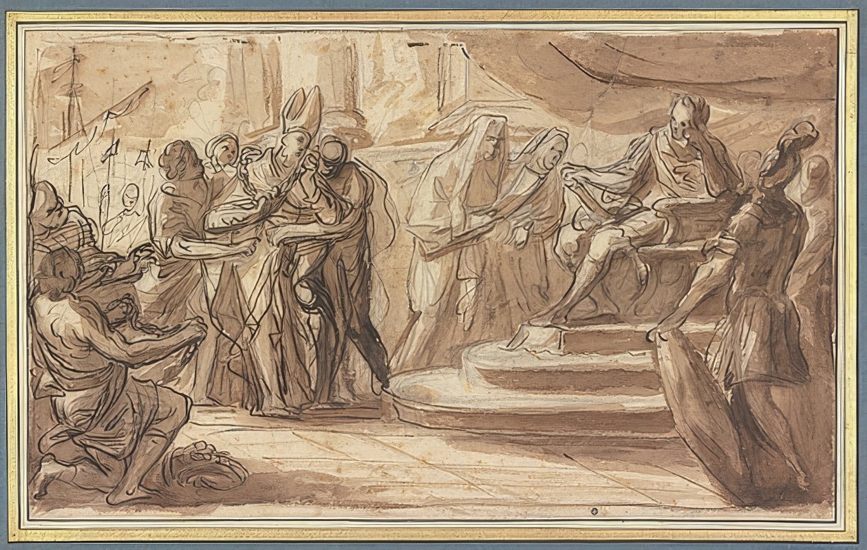 Ein Bischof wird gefesselt vor einen römischen Imperator gebracht von Pietro Bianchi