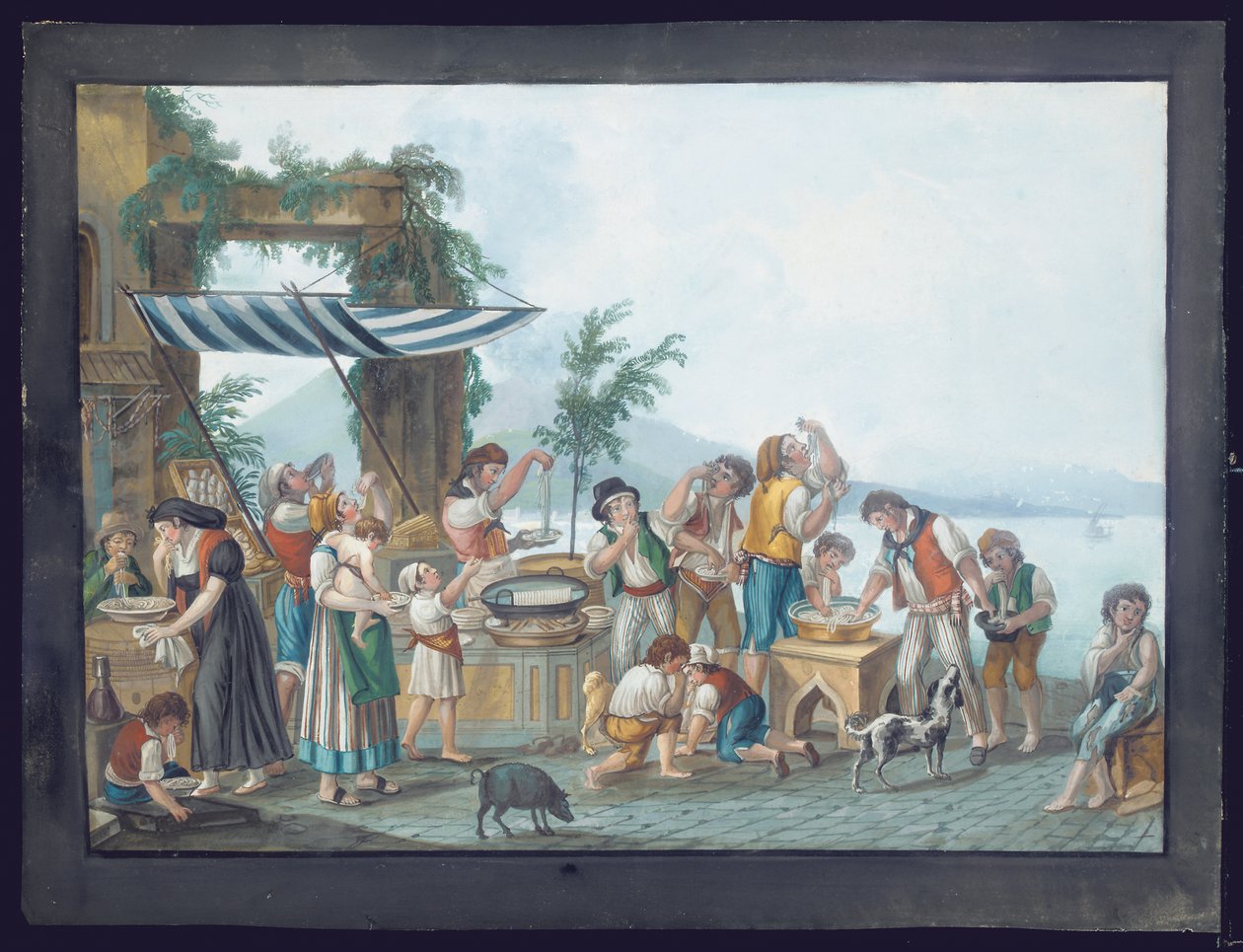 Spaghettiesser an der Bucht von Neapel, Vesuv im Hintergrund von Pietro Fabris