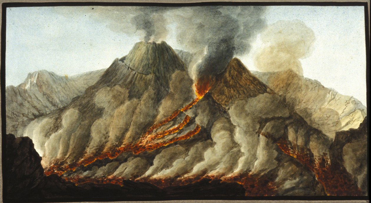 Der ausbrechende Vesuv. Diese Gouache wurde von Pierre Fabris auf Wunsch von Sir William Hamilton, englischer Botschafter in Neapel, angefertigt. Bibl. Braidense, Mailand. von Pietro Fabris
