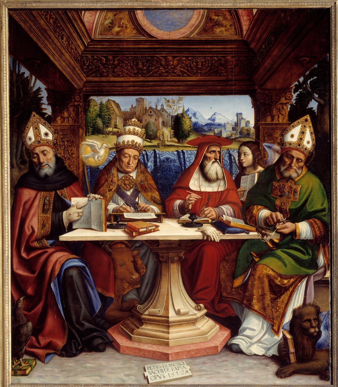 Die vier Kirchenlehrer mit den Symbolen der vier Evangelisten (Heiliger Augustinus mit einem Adler, Heiliger Gregor der Große mit einem Ochsen, Heiliger Hieronymus mit einem Engel und Heiliger Ambrosius mit einem geflügelten Löwen). von Pietro Francesco  Sacchi