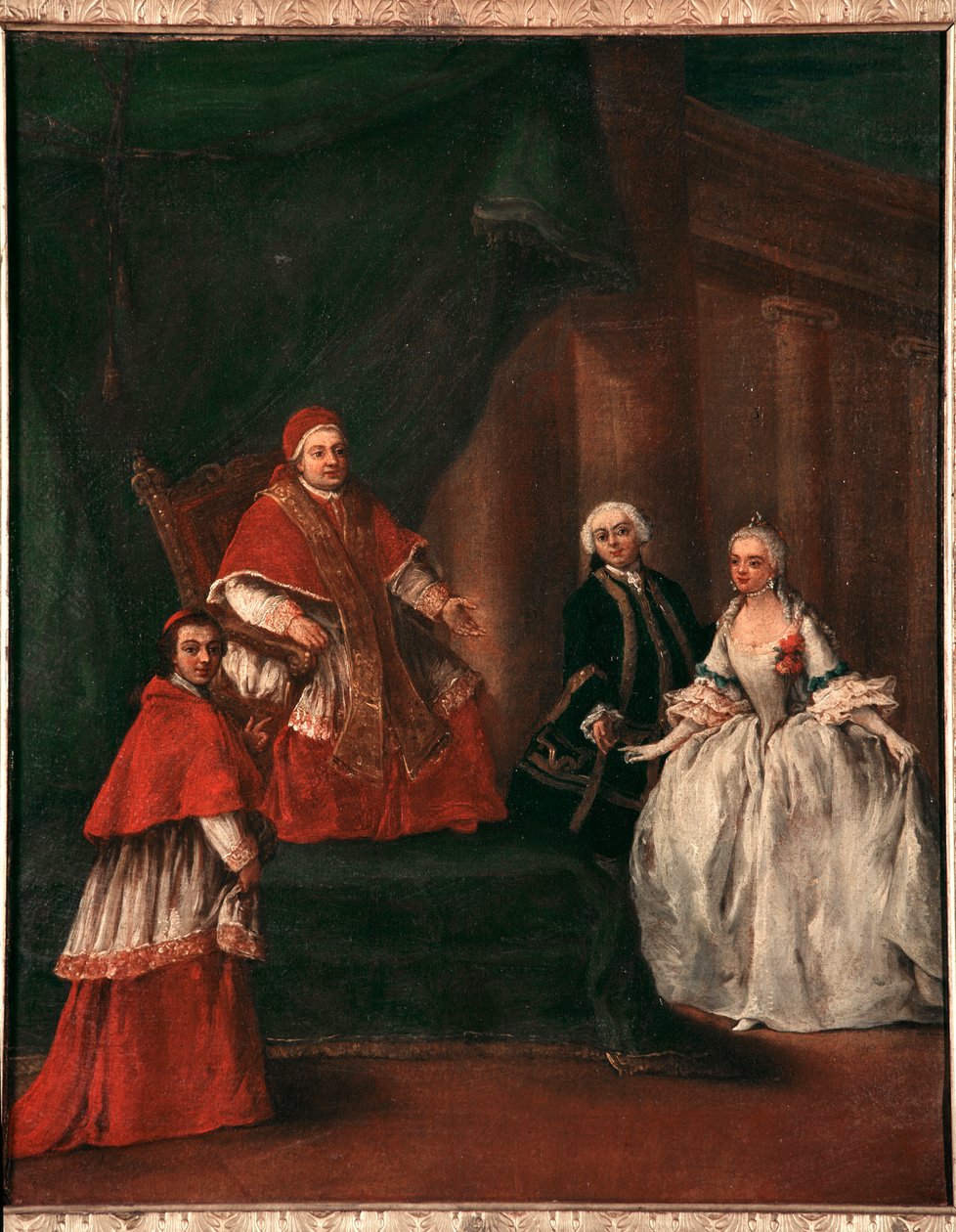 Darstellung von Papst Clemens XIII. mit seinem Neffen Ludovico Rezzonico und seiner Frau Faustina Savorgnan. Gemälde von Pietro Longhi, 1758-1762 von Pietro Longhi