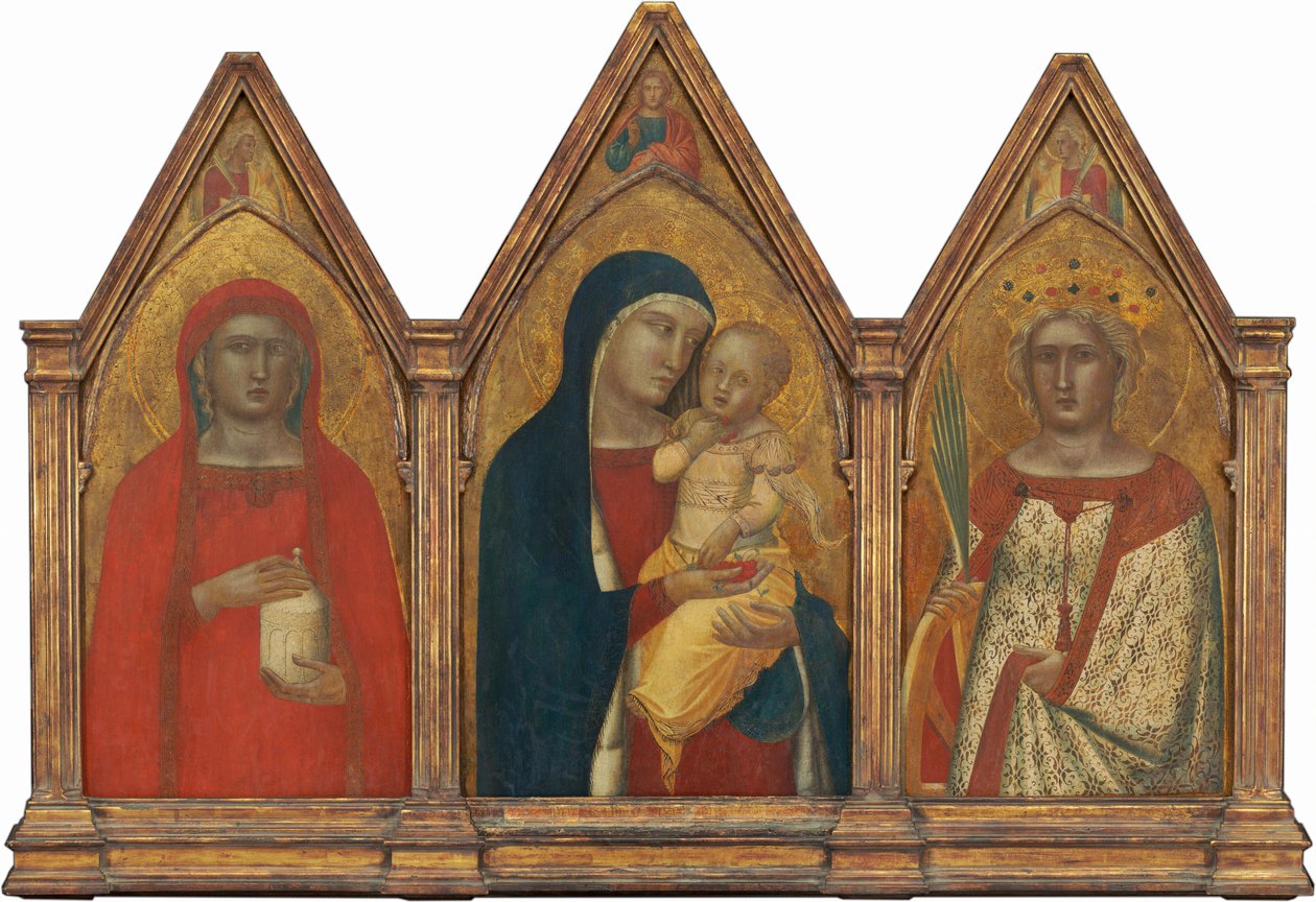 Madonna mit Kind, Christus Segen und Heilige Maria Magdalena und Katharina von Alexandria mit Engeln [gesamtes Triptychon] von Pietro Lorenzetti