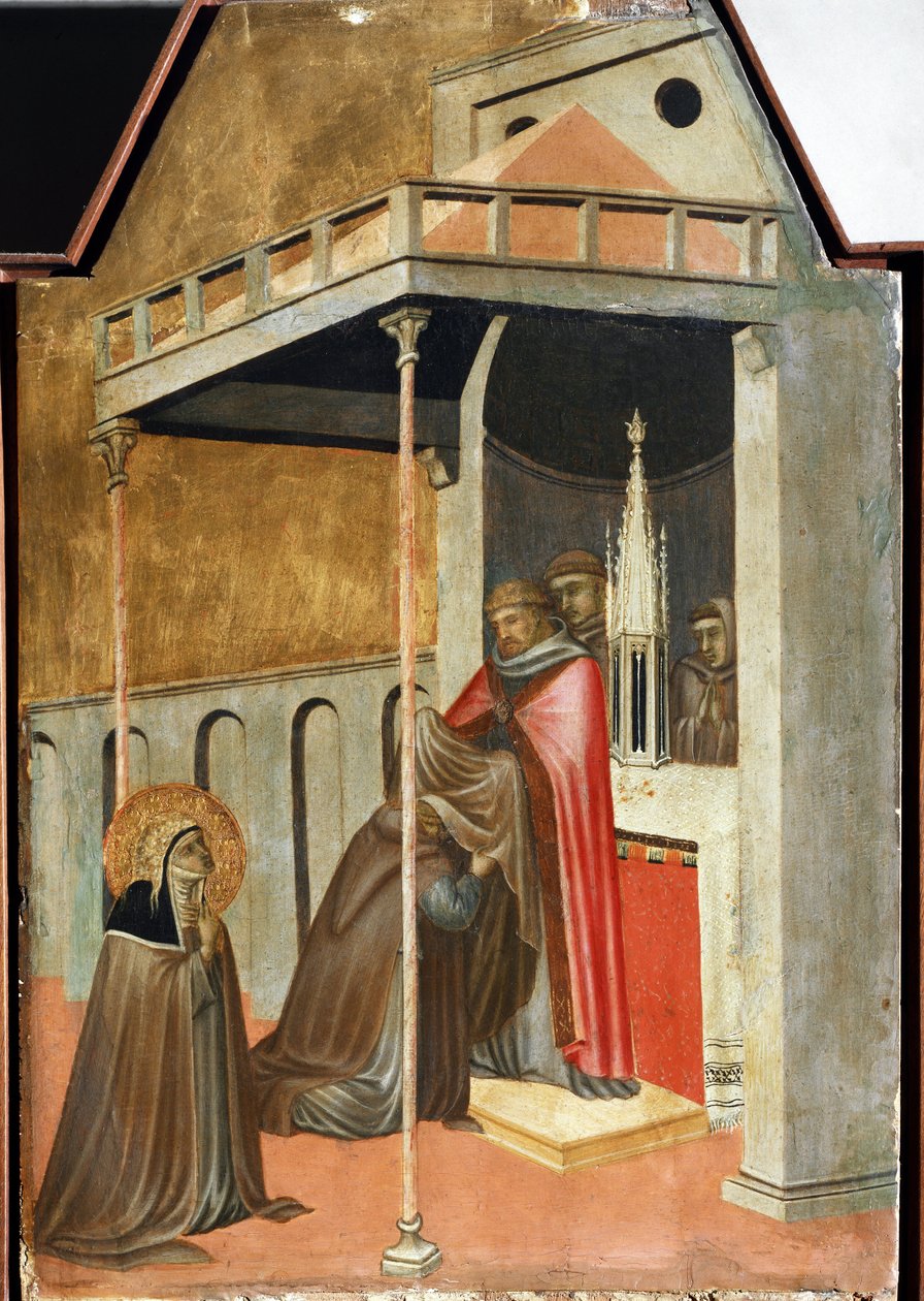 Ugolotti nimmt das Mönchsgewand an (Detail des Polyptychons Leben der heiligen Demut) von Pietro Lorenzetti
