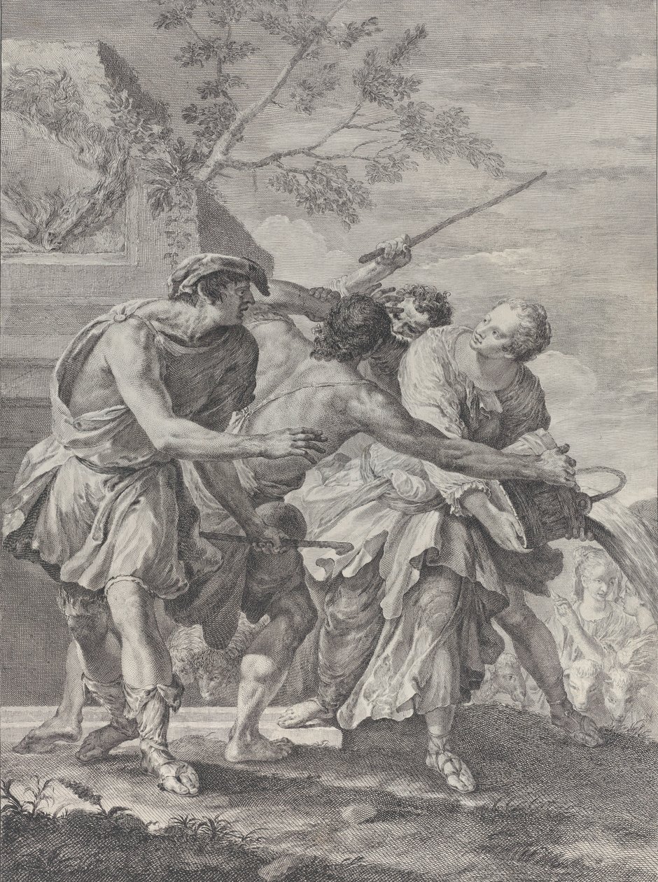 Moses verteidigt die Töchter Jethros, 1732-50 von Pietro Monaco