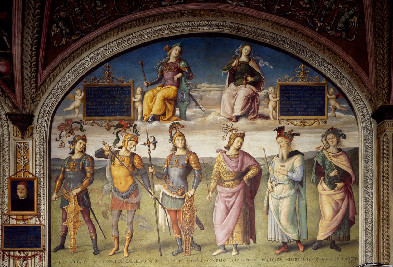 Allegorien von Tapferkeit und Mäßigung mit sechs antiken Helden von Pietro Perugino