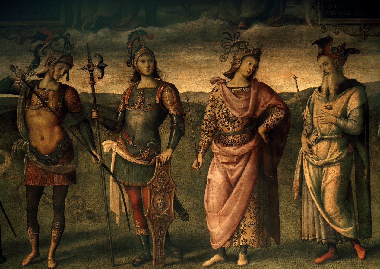 Leonidas von Sparta, Horatius Cocles, Publius Scipio, Perikles von Athen, Allegorien der Tapferkeit und Mäßigung mit sechs antiken Helden von Pietro Perugino