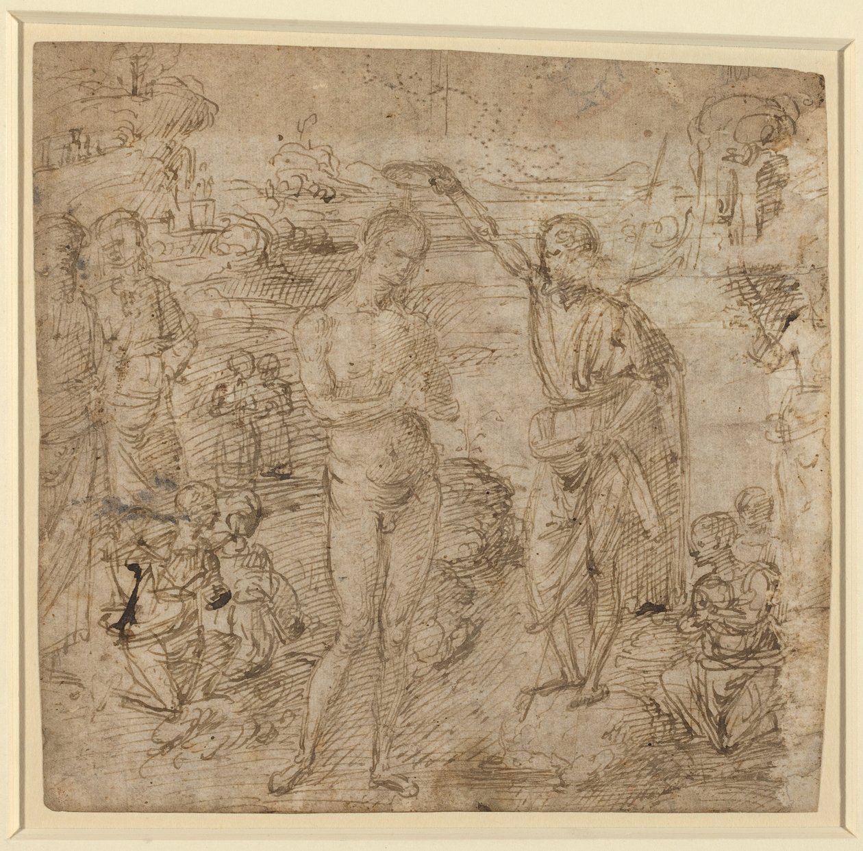 a) Die Taufe Christi; b) Gewandete Figur mit Buch und Mann mit Axt, um 1475 von Pietro Perugino