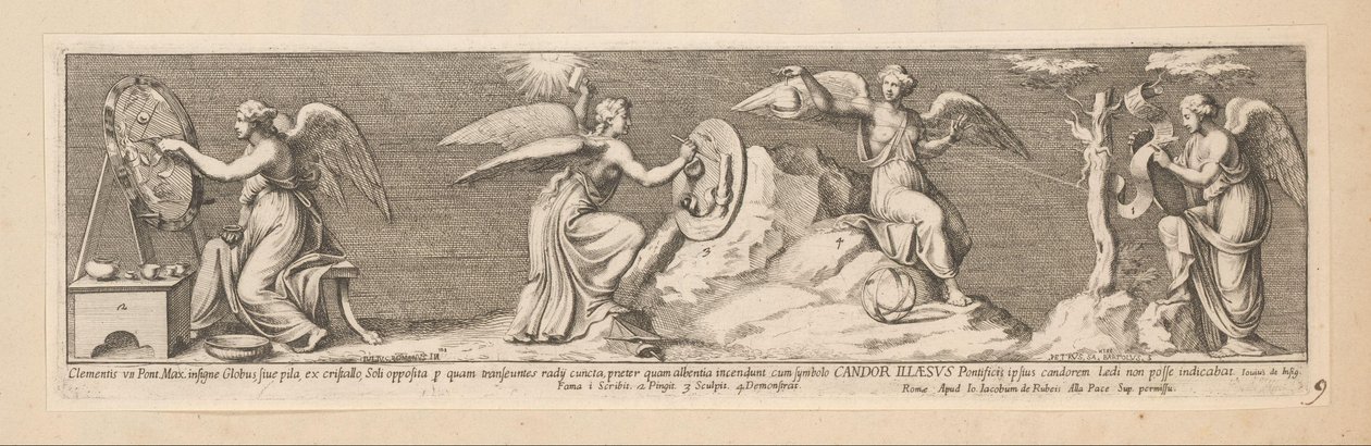 Vier Engel, Clementis VII Pont. Max. insigne globus, siue pila, ex cristallo, Soli opposita p quam transeuntes radij cuncta (...) (Titel auf dem Objekt), Geschichte von Kaiser Konstantin (Serientitel) von Pietro Sante Bartoli