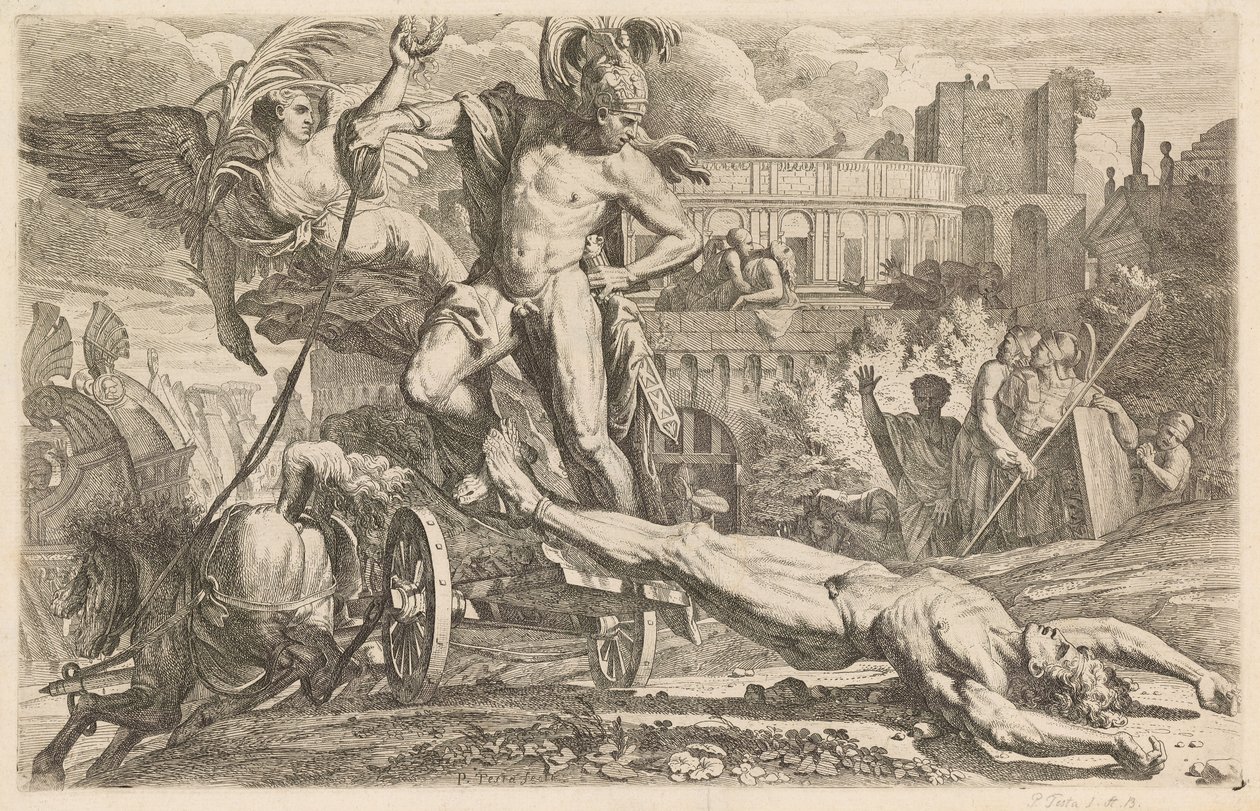 Achilles schleift Hektors Leichnam um die Mauern von Troja von Pietro Testa