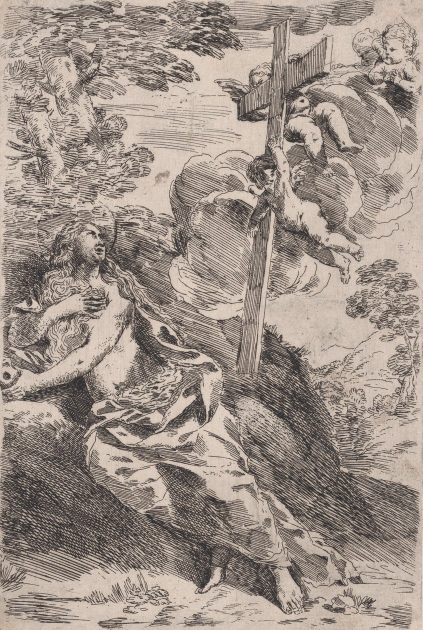 Maria Magdalena in der Wüste, ein Kreuz von Engeln getragen von Pietro Testa