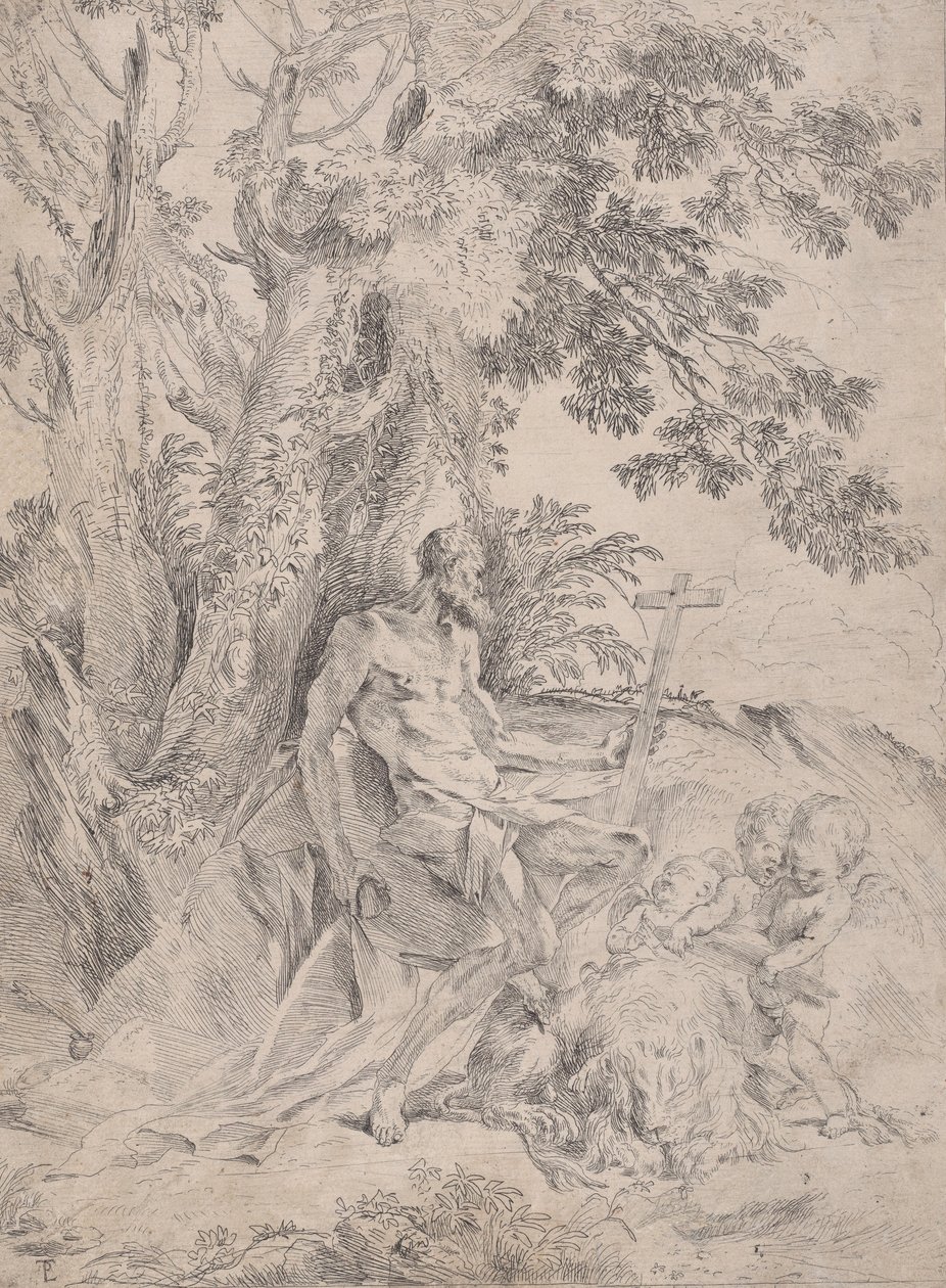 Heiliger Hieronymus vor einem Kruzifix, begleitet von einem Löwen und drei Putti, ca. 1631-1637 von Pietro Testa