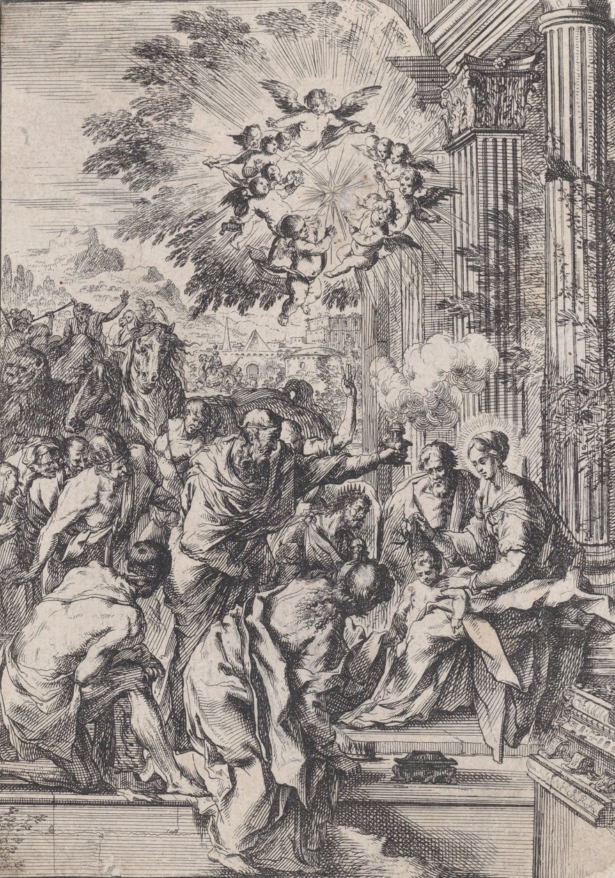 Die Anbetung der Könige vor einer architektonischen Kolonnade von Pietro Testa