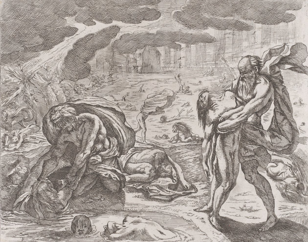 Die Sintflut, Figuren werden aus dem Wasser gezogen von Pietro Testa