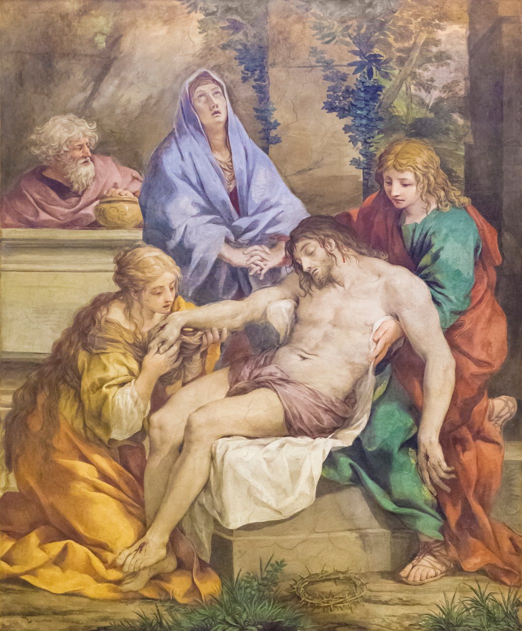 Pieta mit der Madonna, Johannes dem Täufer, Maria Magdalena und Nikodemus (Fresko) von Pietro da (1596 1669) Cortona