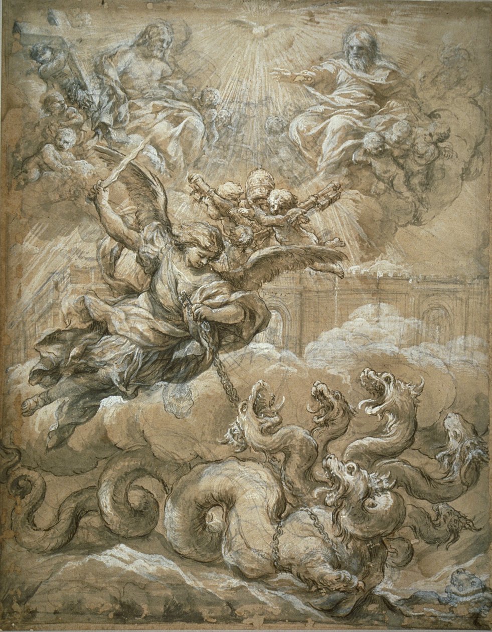Die Heilige Dreifaltigkeit mit dem heiligen Michael, der den Drachen besiegt, 1666 von Pietro da Cortona