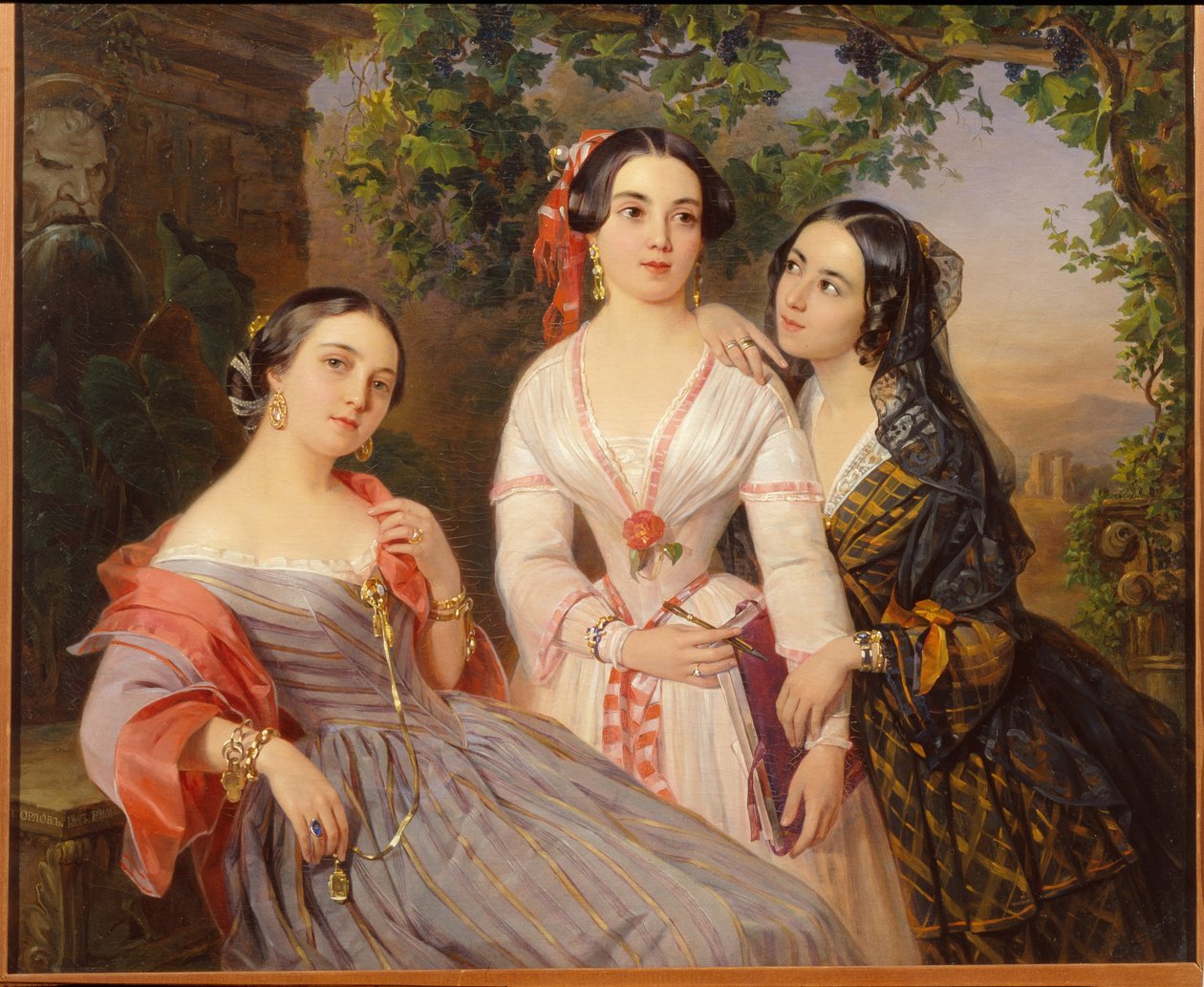 Porträts der Schwestern Gräfin Elisabeth Salias de Tournemire, Sophia Soukhovo Kobylina und Eudokia Petrovo Solovovo von Pimen Nikitich Orlov