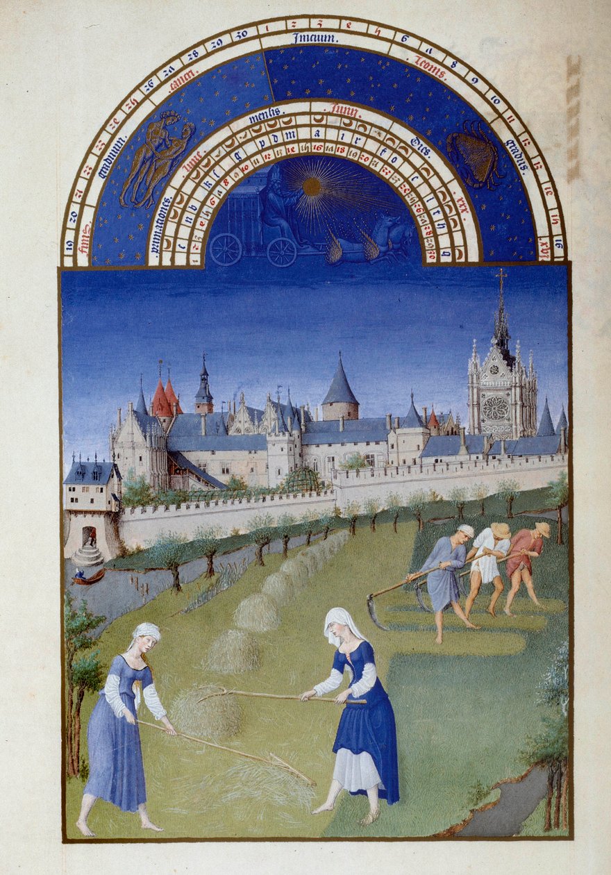 Juni: Heuernte. Im Hintergrund der Palast der Heiligen Kapelle von Pol De Limburg (15. Jahrhundert) aus dem Manuskript 