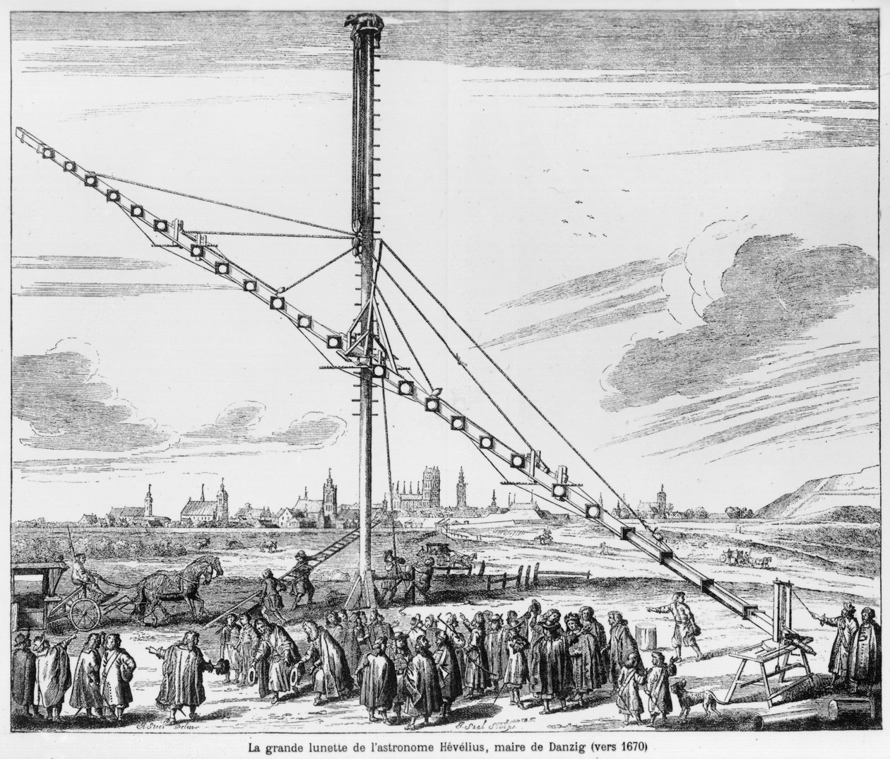 Das große astronomische Teleskop von Johannes Hevelius (1611-1687), Illustration aus Machina Coelestis von Hevelius, Danzig, veröffentlicht 1670 von Polish School