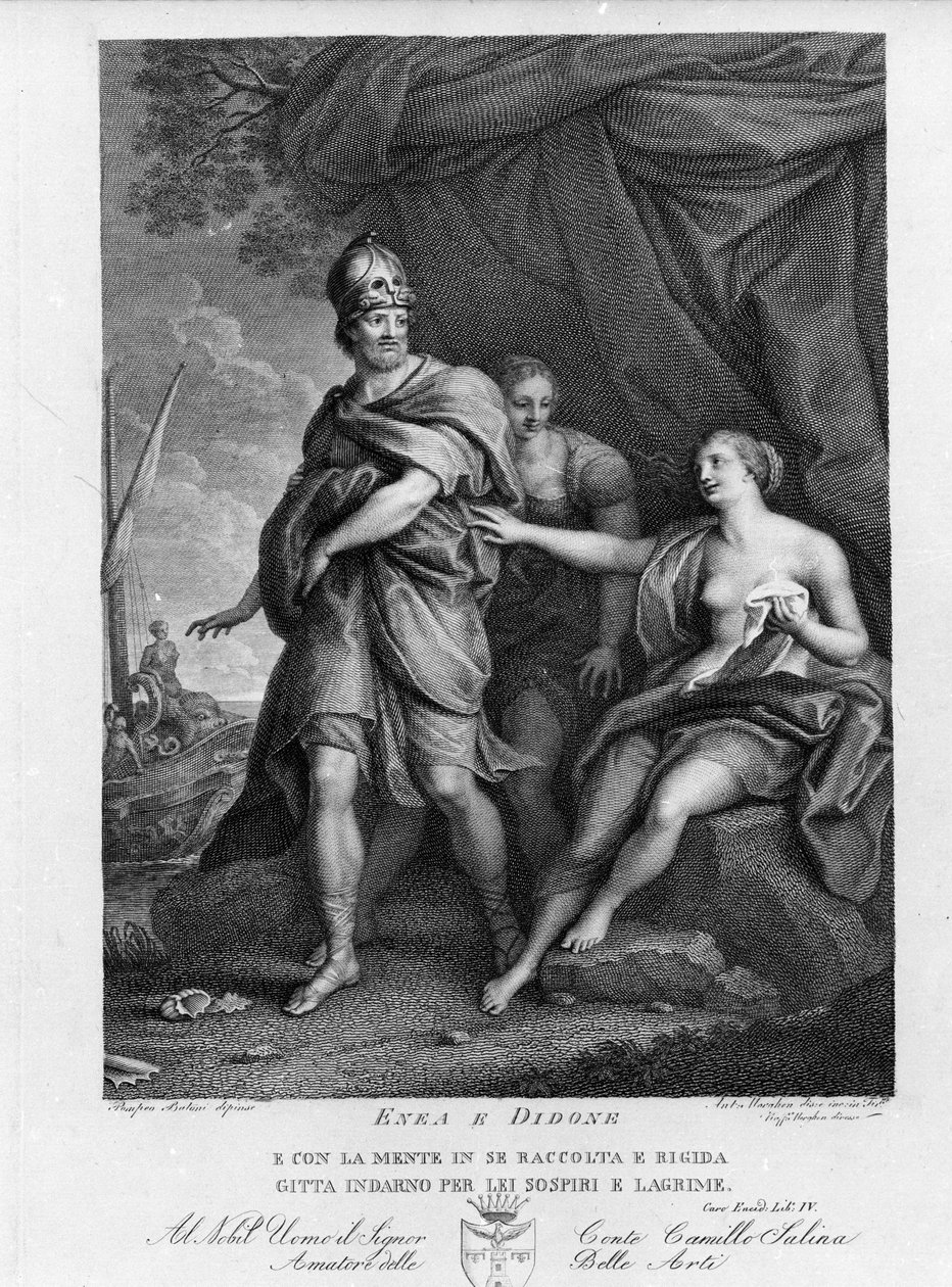 Eneide von Virgil (70 v. Chr.-19 v. Chr.), Buch IV, die trojanischen Helden Aeneas verlässt Dido, die verzweifelt Selbstmord begeht. Gravur nach einem Gemälde von Pompeo Batoni (1708-1787) von Pompeo Girolamo (after) Batoni