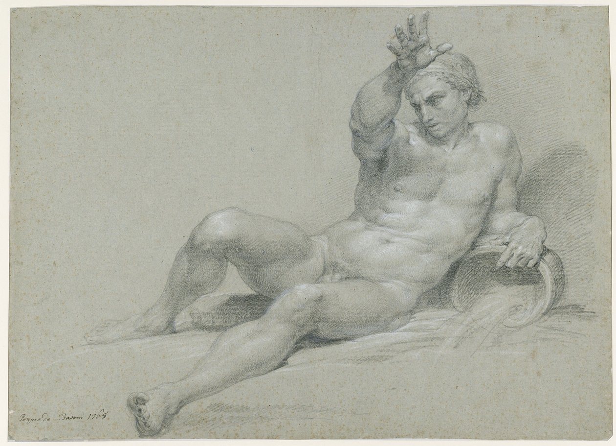 Aktstudie eines lagernden männlichen Modells, den rechten Arm erhoben, in der Pose eines antiken Flussgottes, in Schrägansicht von links von Pompeo Girolamo Batoni
