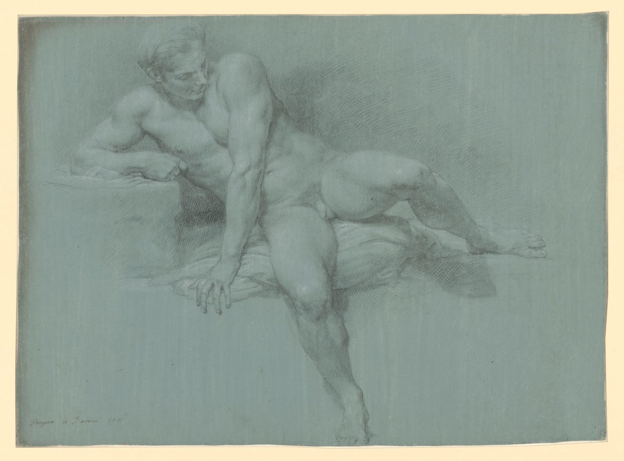Aktstudie eines lagernden männlichen Modells, sich mit dem linken Arm vor dem Körper abstützend von Pompeo Girolamo Batoni