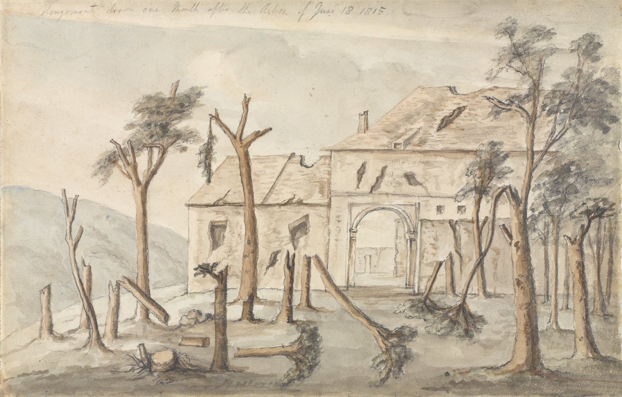 Hougoumont, gezeichnet einen Monat nach der Aktion vom 18. Juni 1815, Juli 1815 von Ponsonby