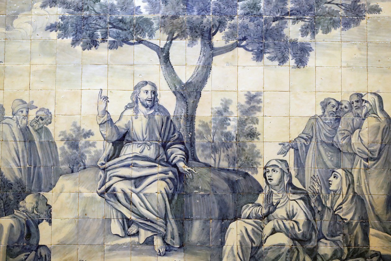 Kirche der Barmherzigkeit. Azulejos. Die Bergpredigt. Jesus. Evora. Portugal. von Portuguese School