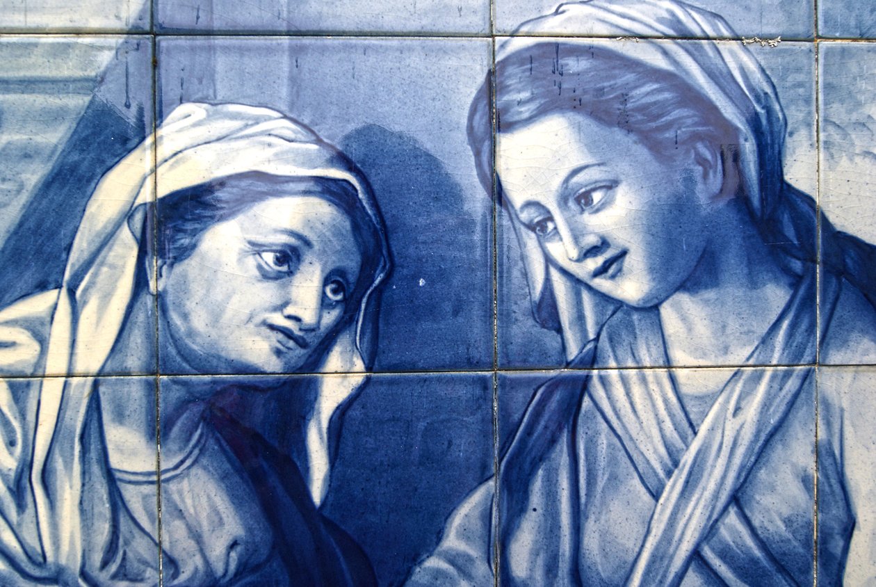 Detail von Maria trifft die Wirtin, Dekoratives Paneel, das Maria und Josef bei der Ankunft im Gasthaus darstellt, Lamego, Portugal. 1738 von Portuguese School