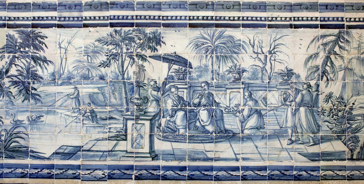 Obstverkostung an einem See in Asien - Azulejos, bemalte Fayence von Portuguese School