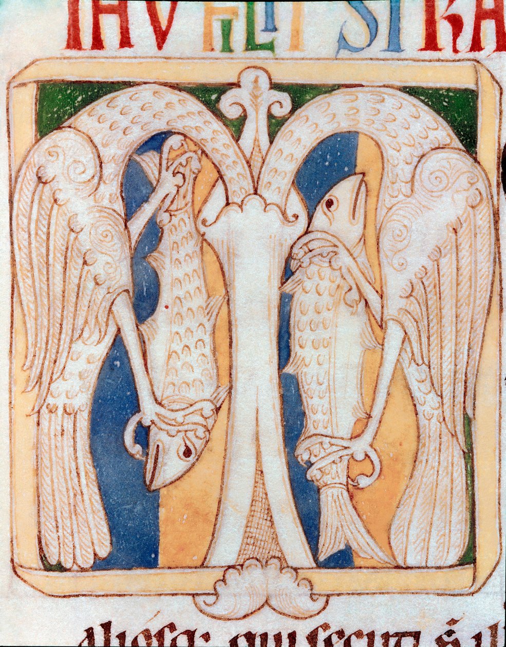 Briefkopf dekoriert mit Reihern und Fischen. Miniatur aus dem Manuskript „Testamentum Vetus“ von Sancta Cruz de Coimbra von Portuguese School