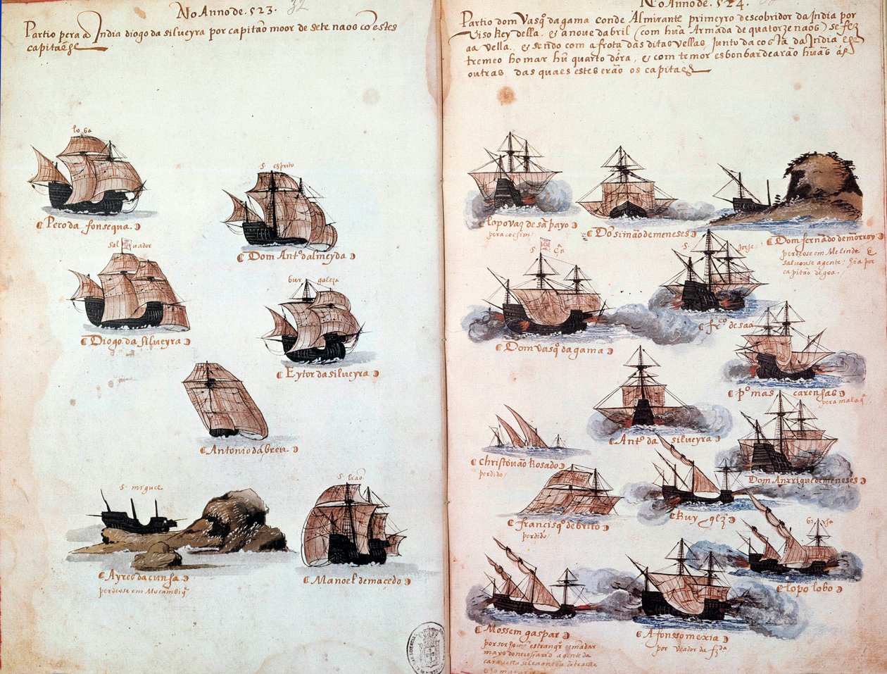 Manuskriptseite „Denkwürdigkeiten der Armadas von Portugal unter König Manuel I.“ von Portuguese School