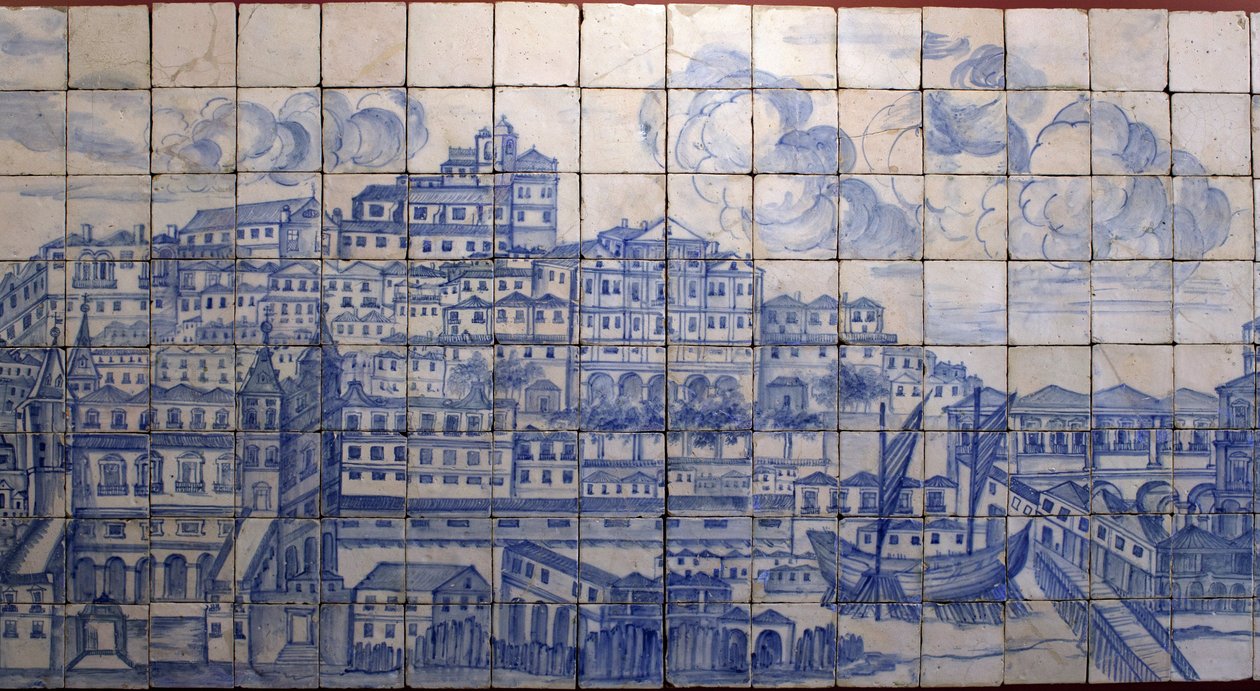 Panoramablick auf Lissabon, vor dem Erdbeben von 1755 - Azulejos Anfang des 18. Jahrhunderts, Tafel aus dem ehemaligen Palast der Grafen von Tentugal, Lissabon (Großes Lissabon-Panorama vor dem Erdbeben von 1755, Fayence Anfang des 18. Jahrhunderts, ehemal von Portuguese School