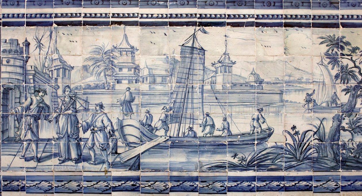 Szene am Ufer eines Flusses in Asien - Azulejos, bemalte Fayence von Portuguese School