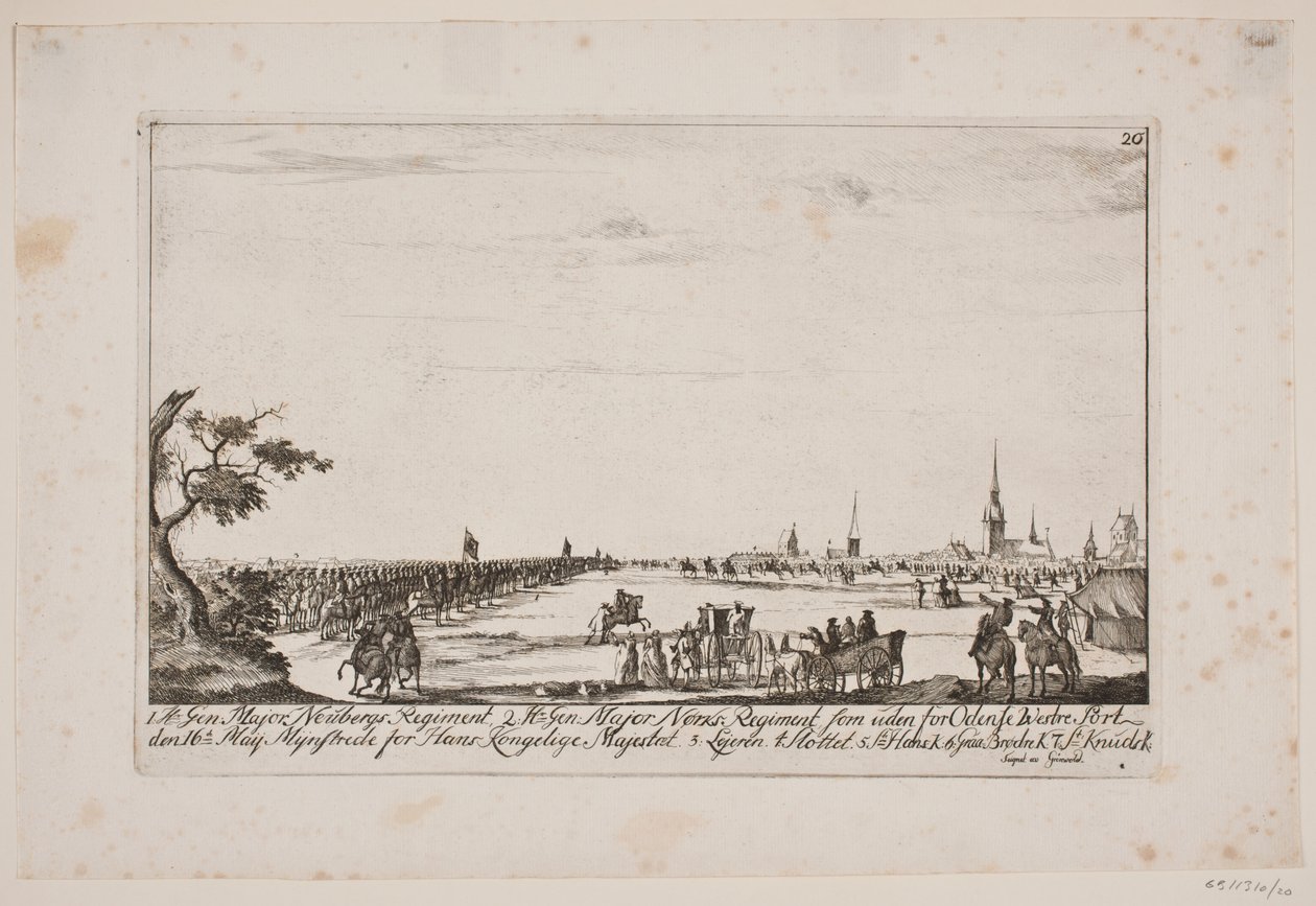 Frederik V inspiziert die Regimenter vor dem Westtor in Odense von Poul Isac Grønvold