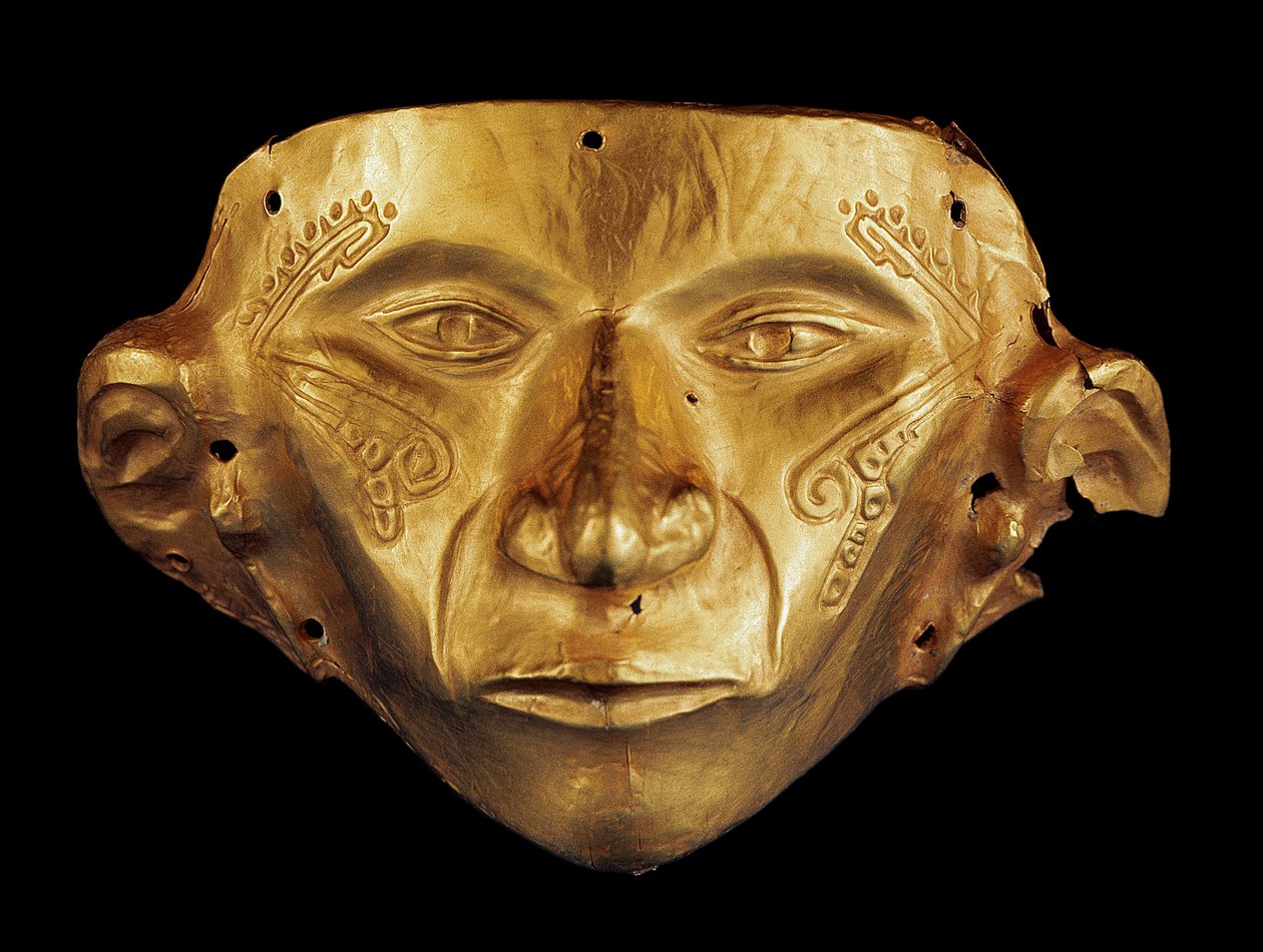 Präkolumbianische Maske aus dem Archäologischen Park von Tierradentro, Alto de San Andres in Kolumbien (Gold) von Pre Columbian Pre Columbian
