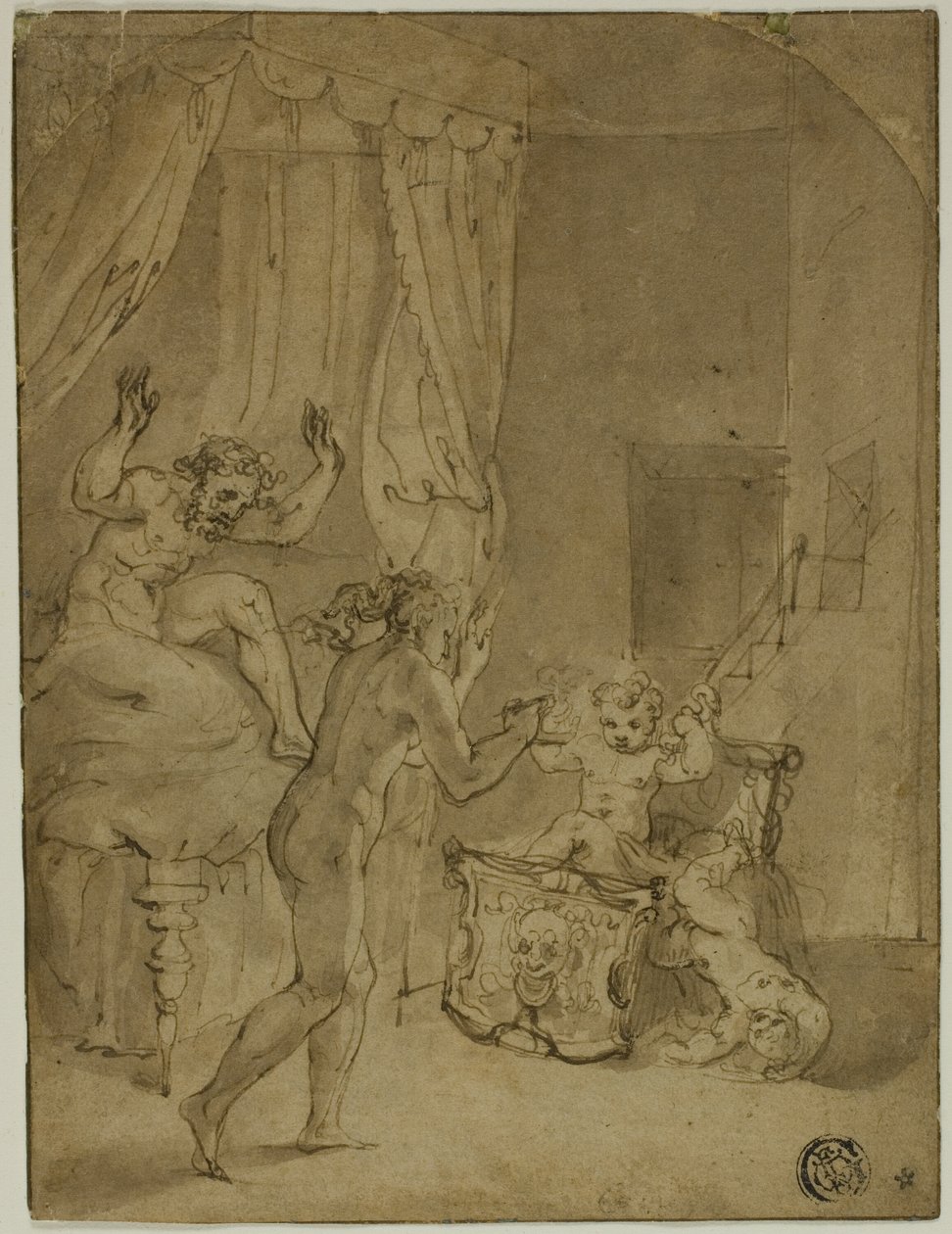 Der kleine Herkules erwürgt Schlangen in seiner Wiege (recto); Gekrönte Frau kniend in Landschaft und andere Skizzen (verso) von Prospero Fontana