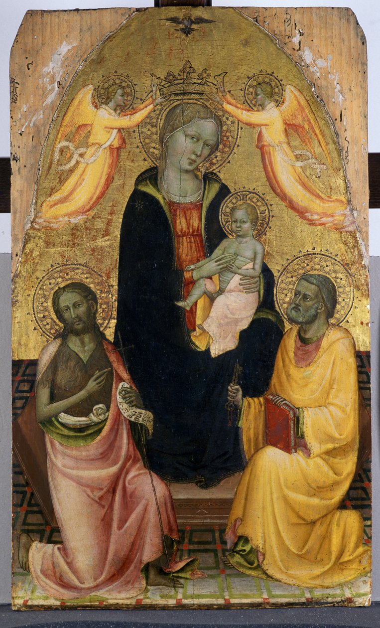 Thronende Madonna mit Kind, gekrönt von zwei Engeln, Johannes dem Täufer und dem Apostel Petrus von Pseudo Baldese Pseudo Baldese