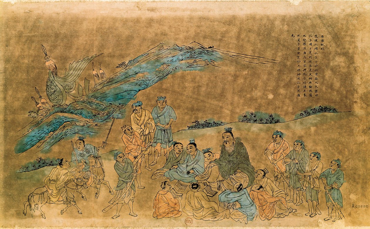 Der chinesische Philosoph Konfuzius (Kong Fu Zi) (551-479 v. Chr.) umgeben von seinen Schülern von Qing Dynasty Chinese School
