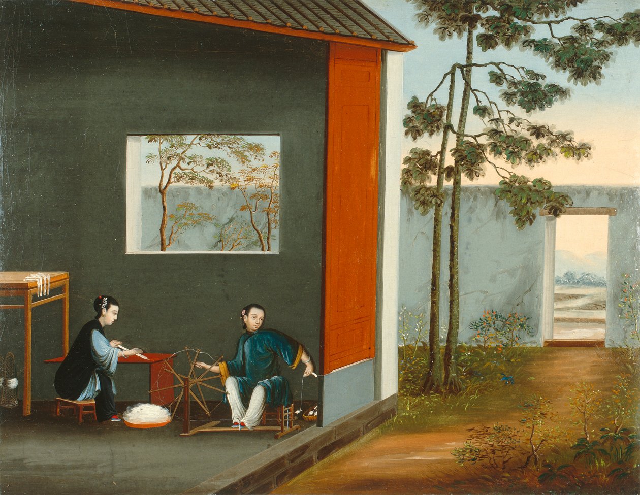 Zwei Frauen beim Spinnen von Qing Dynasty Chinese School
