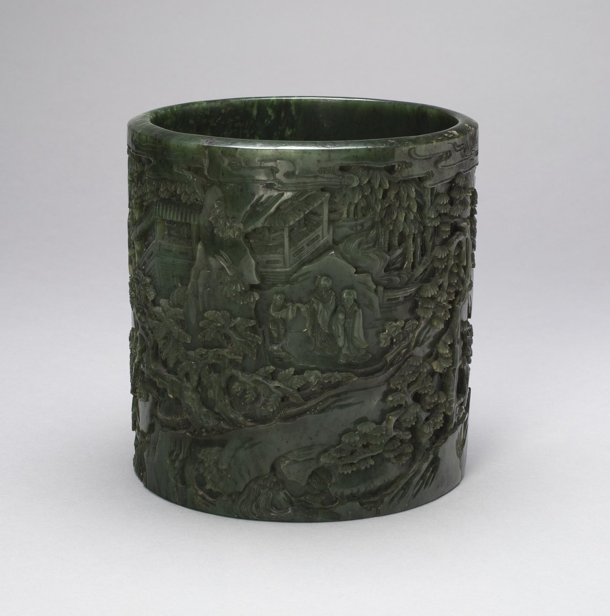 Pinselbehälter mit Gelehrten und Begleitern in einer bergigen Landschaft von Qing Dynasty Chinese School