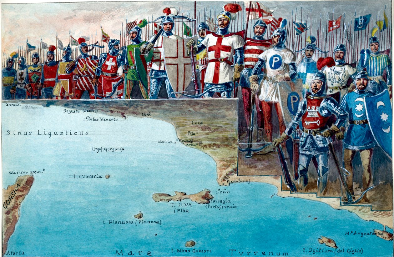 Karte des Schlachtfeldes der Schlacht von Meloria 1284, mit den Uniformen und Militärkostümen der teilnehmenden genuesischen Truppen von Quinto Cenni
