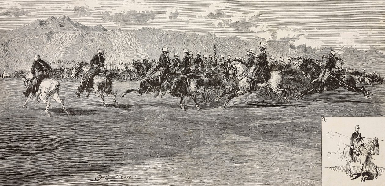 Kavallerieübungen am 17. September, mit Lanzenreiter rechts, Pordenone, Italien, Gravur von Cantagalli nach einer Zeichnung von Quinto Cenni, aus L