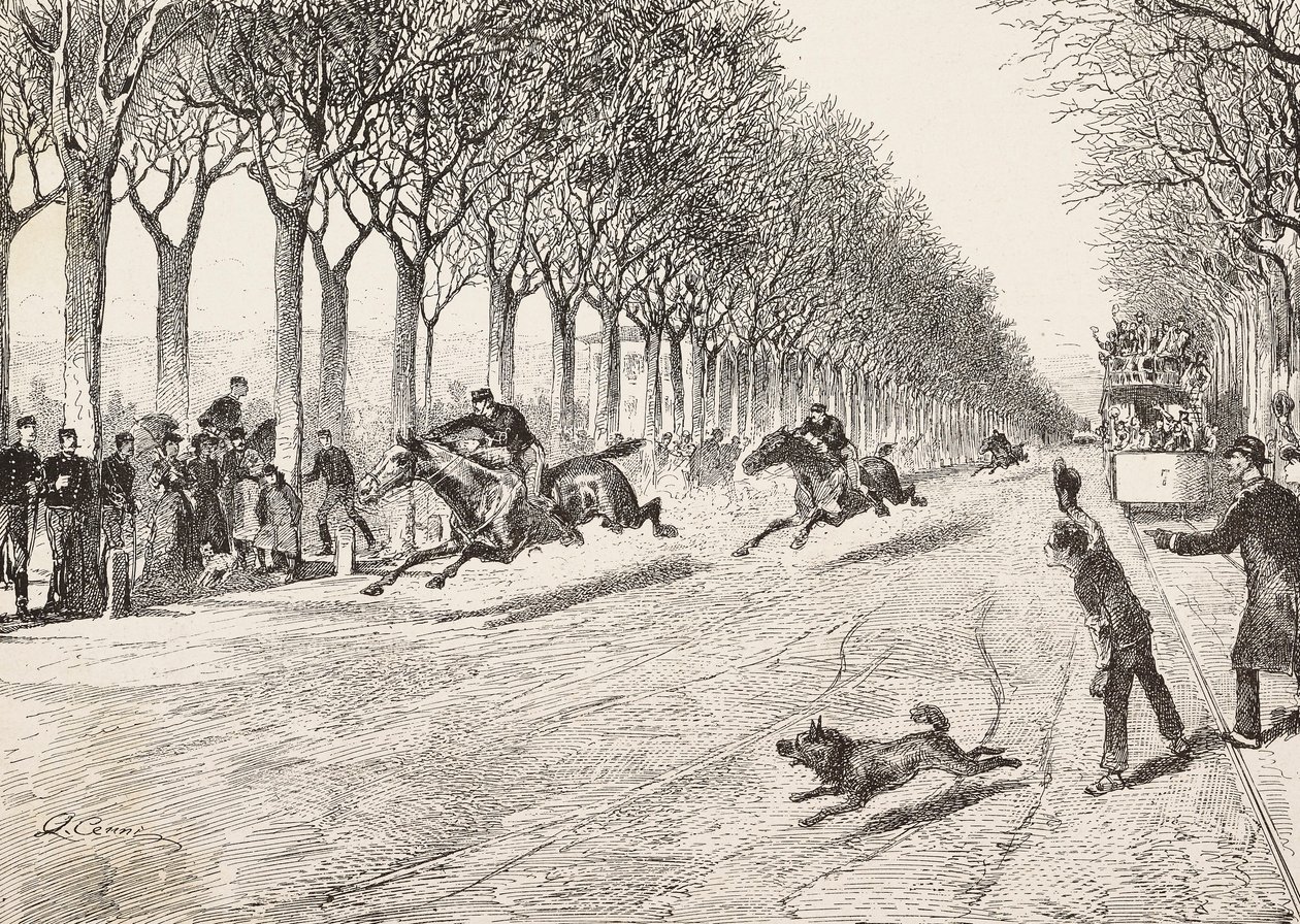 Drei Widerstandsoffiziere nehmen an einem Pferderennen teil, Drittes Savoyer Regiment, zwischen Mailand und Monza, Italien, Gravur nach einer Zeichnung von Quinto Cena, aus L
