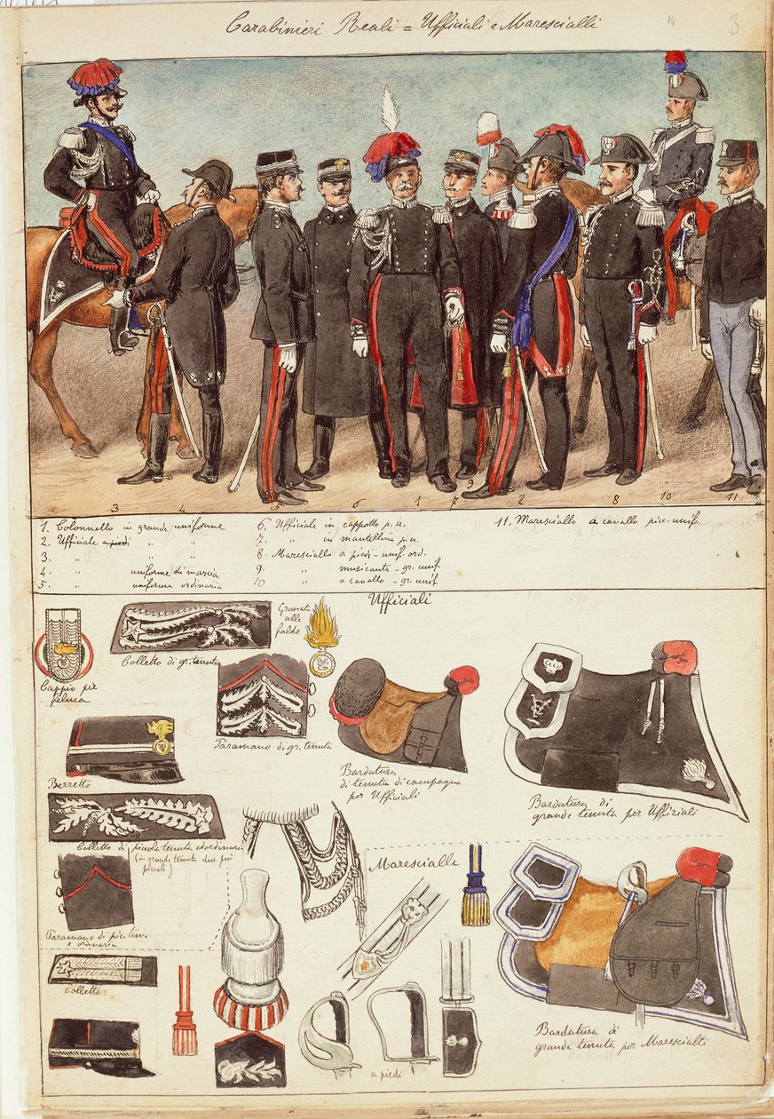 Uniformen der königlichen Carabinieri, Offiziere und Unteroffiziere des Königreichs Italien, Farbtafel von Quinto Cenni von Quinto Cenni