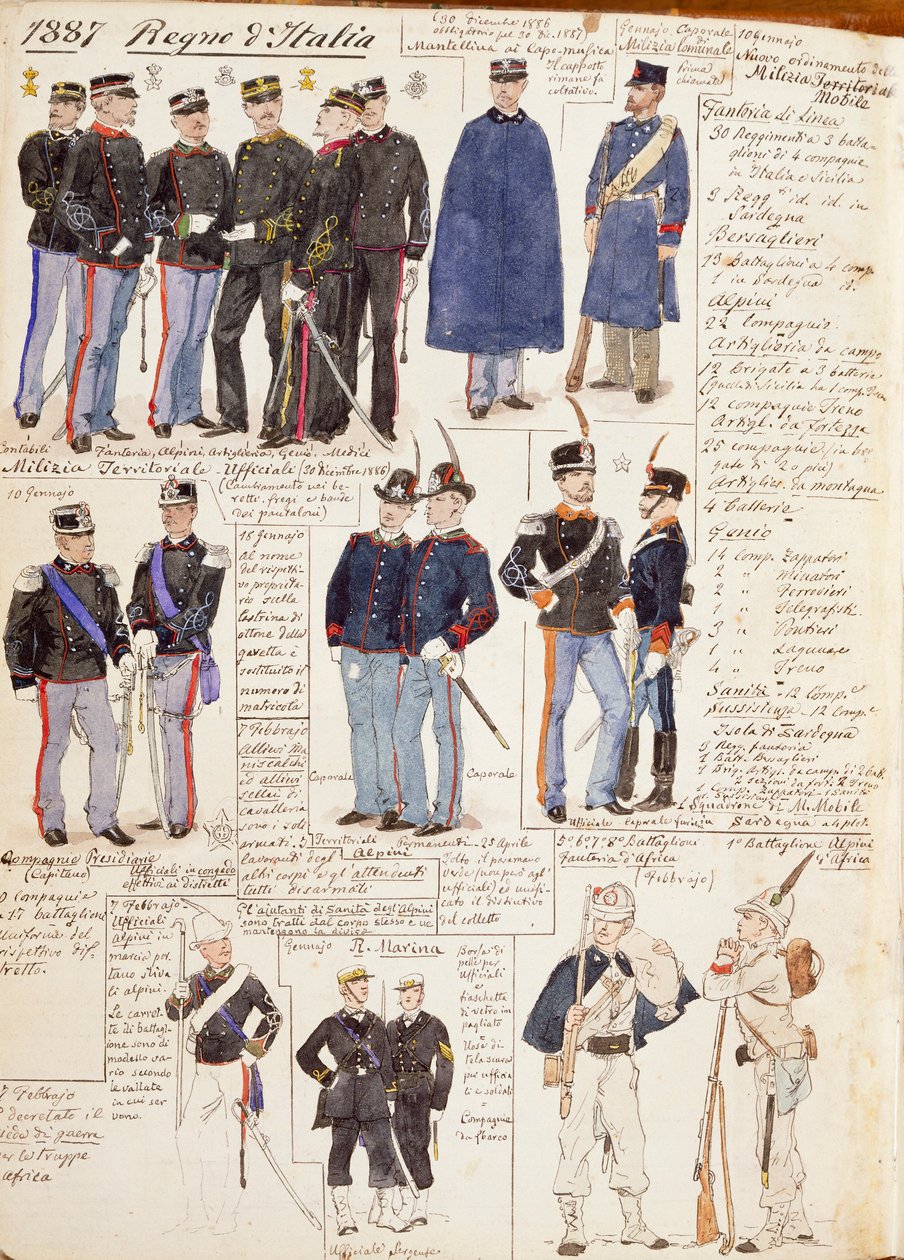 Verschiedene Uniformen des Königreichs Italien, Farbtafel von Quinto Cenni von Quinto Cenni
