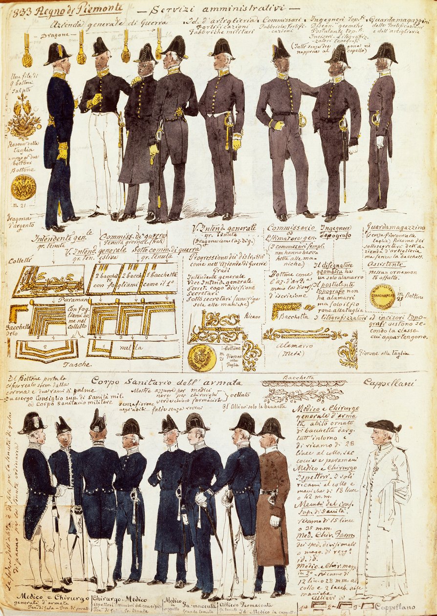 Verschiedene Uniformen des Königreichs Sardinien, von Quinto Cenni, Farbtafel von Quinto Cenni