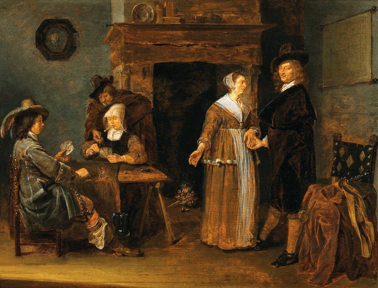 Lockere Gesellschaft, zwei Frauen und drei Männer am Kartentisch von Quirijn van Brekelenkam