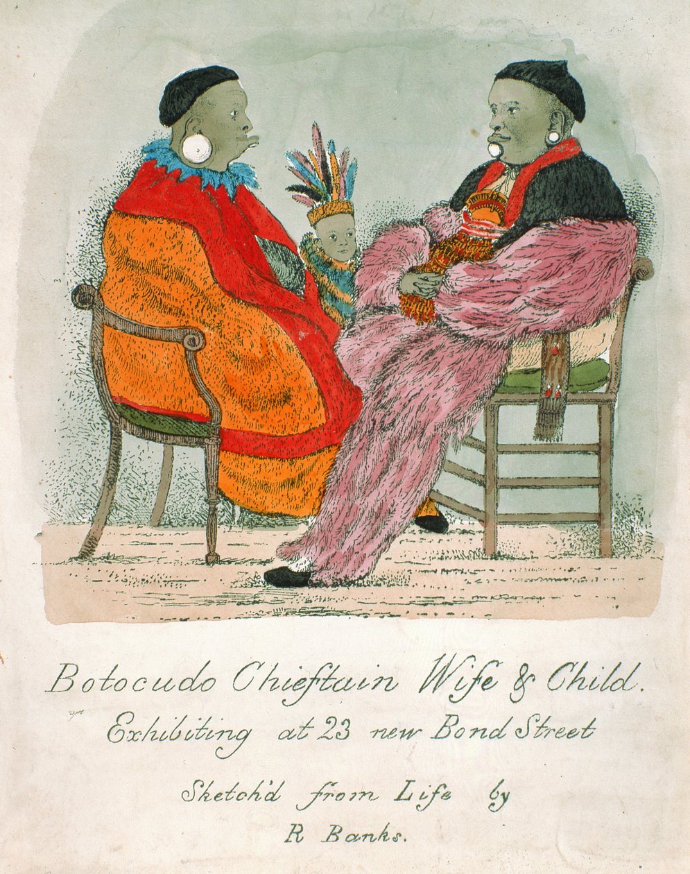 Botocudo-Häuptling, Frau und Kind, ausgestellt in der 23 New Bond Street von R. Banks