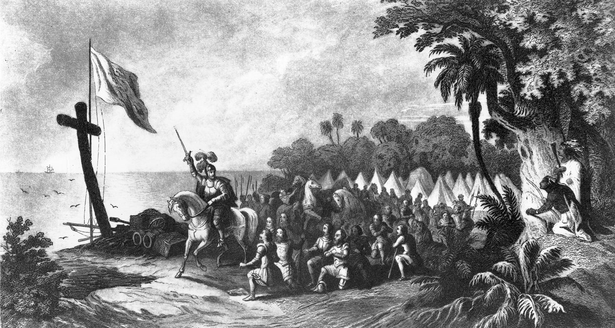 Die Landung in Tampa Bay: De Soto und seine Anhänger schwören zu erobern oder zu sterben, graviert von John Sartain von R. Telfer