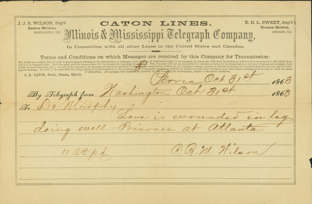 Liebe ist ins Bein verwundet und erholt sich gut – Gefangener in Atlanta. von R. B. M. Wilson